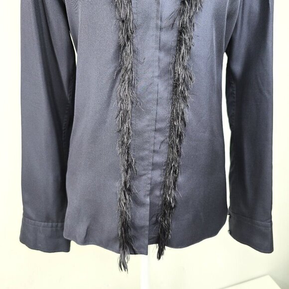 Helmut Lang Black Navy Twill Fringe Feather Silk Long Sleeve Blouse - Picture 4 of 11